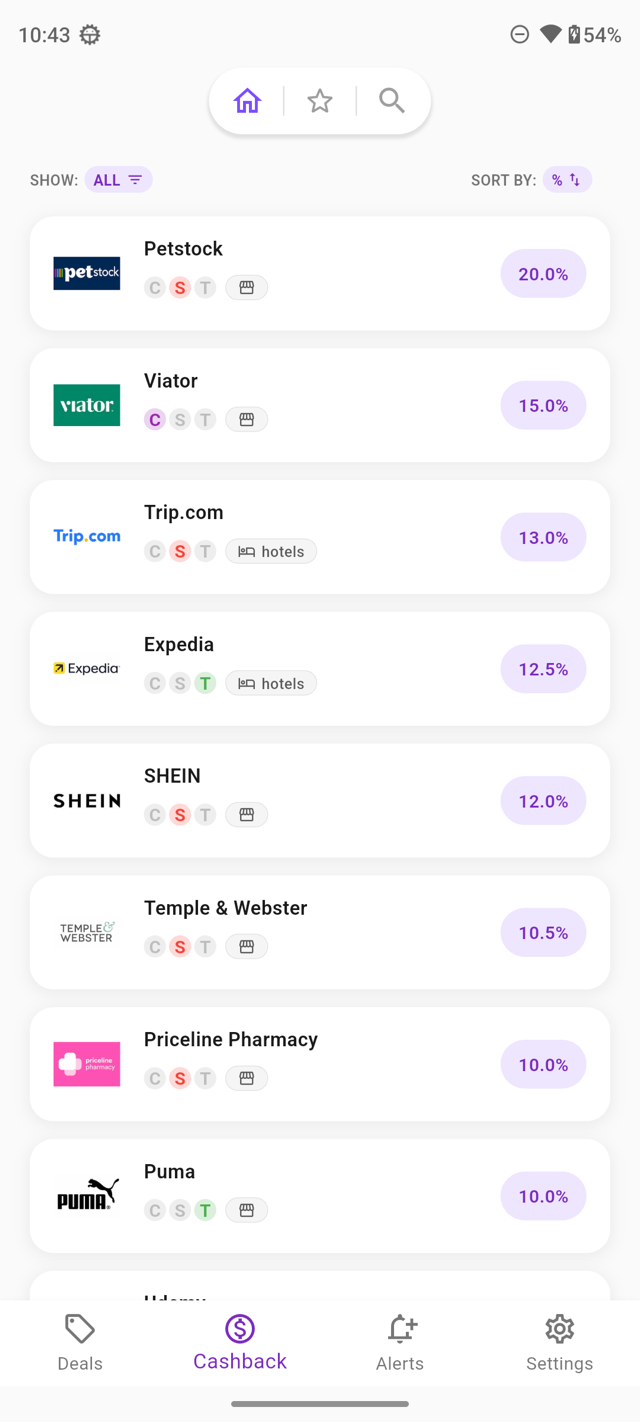 The OzPerks cashback tab listing Australian stores with their best current cashback rate, from Petstock at 20% down to Puma at 10%