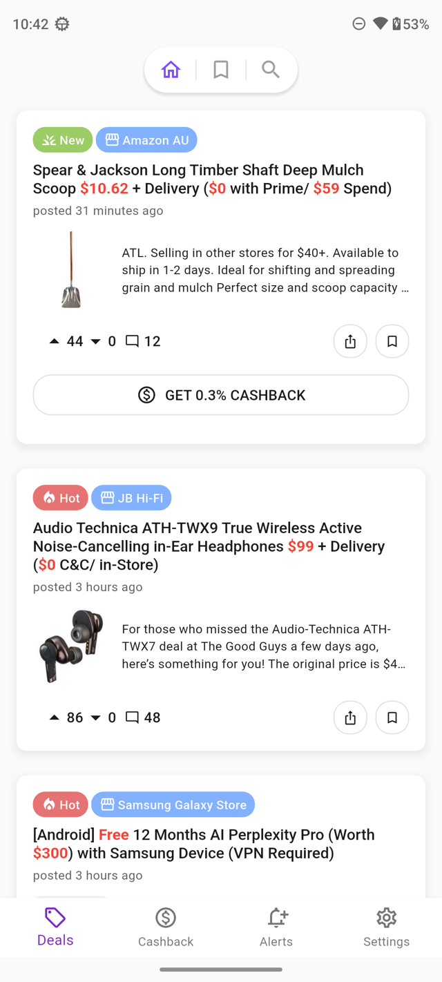 OzPerks Deals tab: OzBargain posts from Amazon AU and JB Hi-Fi with vote counts and a Get cashback button showing the available rate